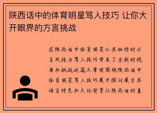 陕西话中的体育明星骂人技巧 让你大开眼界的方言挑战