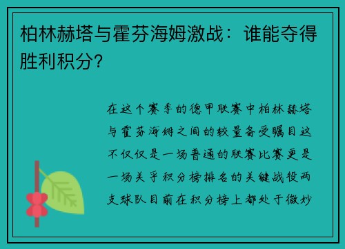 柏林赫塔与霍芬海姆激战：谁能夺得胜利积分？